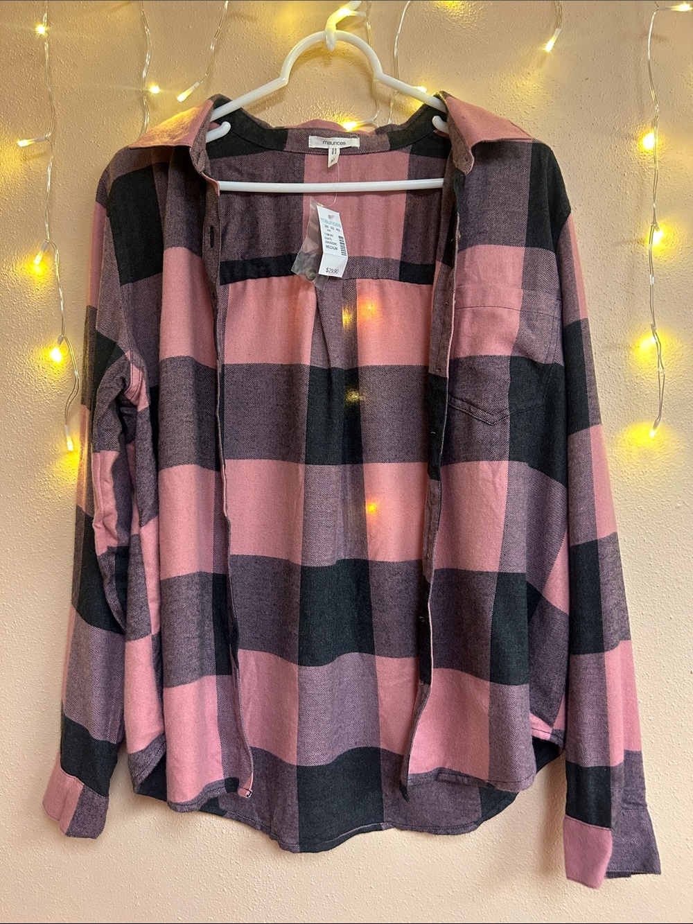 NWT Maurices Pink and Black/Grey Plaid Button-Up Shirt size Medium